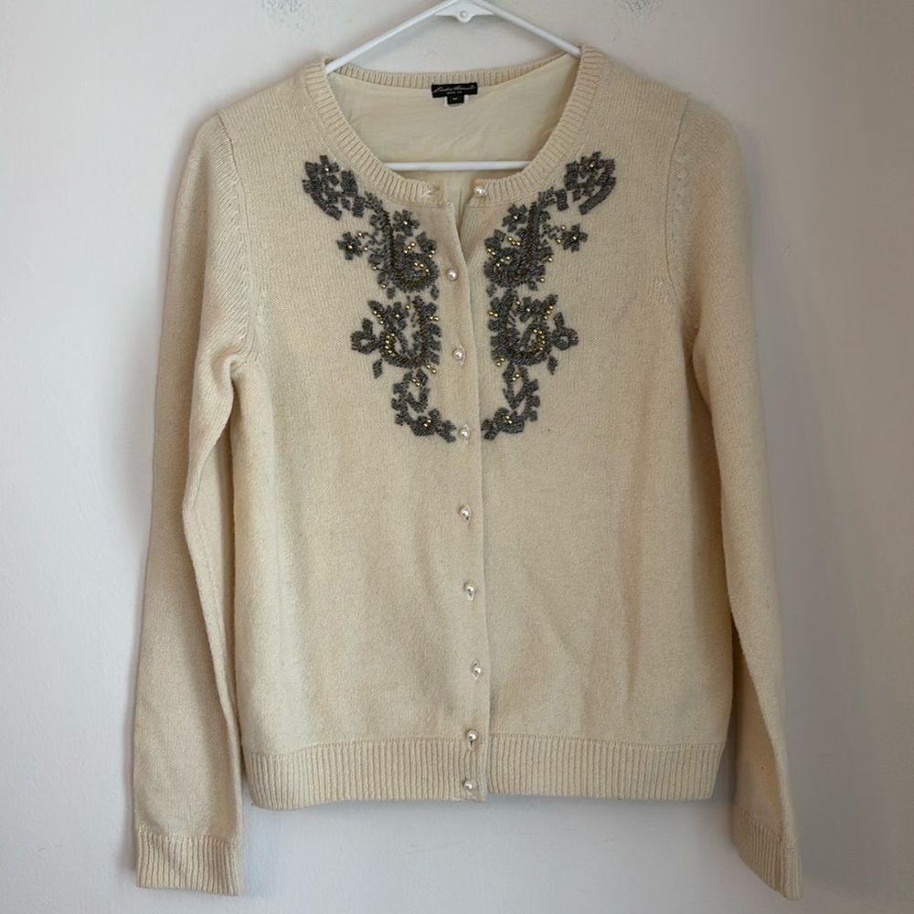 Eddie Bauer Vintage Women lambs wool silk blend pearl beaded cartigan sweater M!